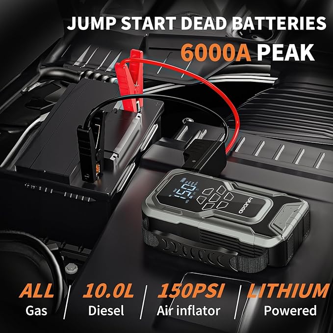 Portable Car Jump Starter with Air Compressor,6000A 150PSI Car Battery Jump Starter (All Gas/10.0L Diesel Engines),12V Pack Jump Box with Large Digital Display, 21800mAh Power Bank,Smart Jumper Cable