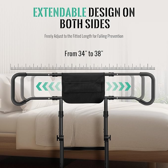 Bed Rails for Elderly Adults Safety with Motion Sensor Light - Adjustable Height Bed Assist Rail w/Storage Pocket, Support Handles Guard Rail for Seniors, King Queen Full Twin Bed