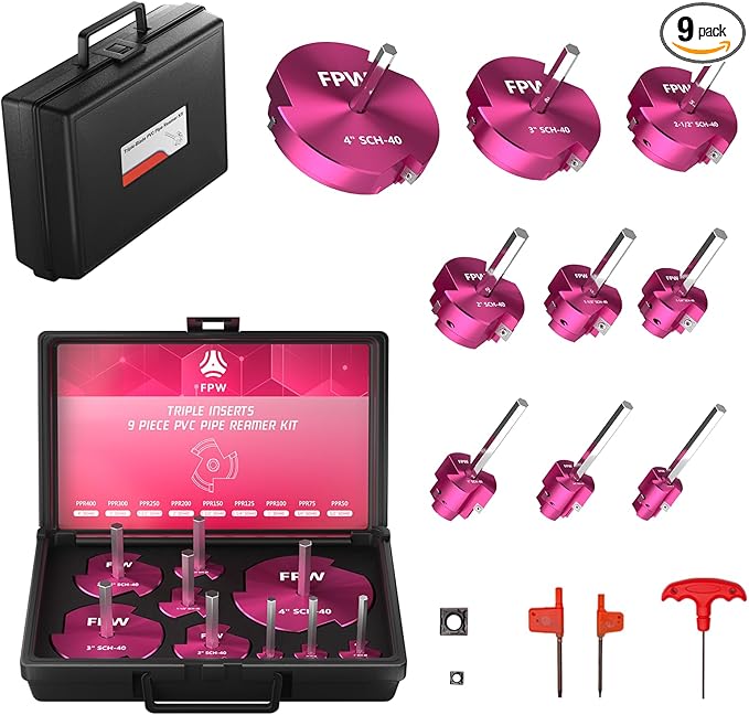 Original Design Patent Triple Inserts 9 Pcs PVC Pipe Reamer Kit, PVC Fitting Saver, Pipe Tools Contains 1/2", 3/4", 1", 1-1/4", 1-1/2", 2", 2-1/2", 3", 4" and 2 Replacement Carbide Inserts for SCH40