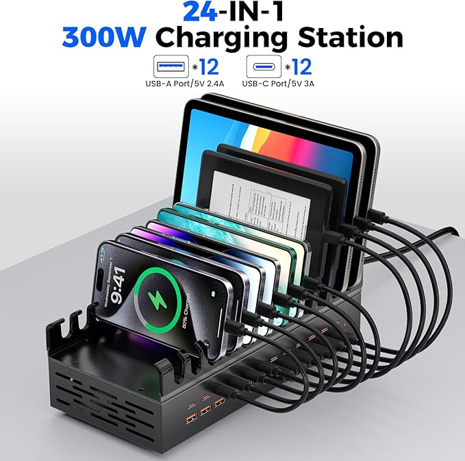 300W USB Charging Station for Multiple Devices, 24 Port USB ~C Fast Charging Station, Multi Device Charger Station Organizer Compatible with Tablet, Laptop, Cellphone, iPhone, iPad and More