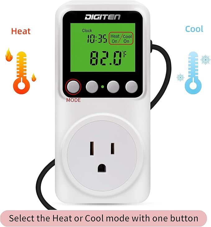 Timer Thermostat, Day-Night Temperature Controller, Clock Function, ℃/℉ Plug-in Outlet Timer Thermostat with LCD Screen Backlight Function 110V 15A