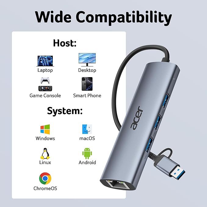 Acer USB C to Ethernet Adapter, USBC Hub Ethernet with 3 USBA 3.0 and RJ45 1Gbps LAN Port, Aluminum Heat Dissipation, USB to Network Adapter for Laptop, MacBook Pro, iPad, XPS and More
