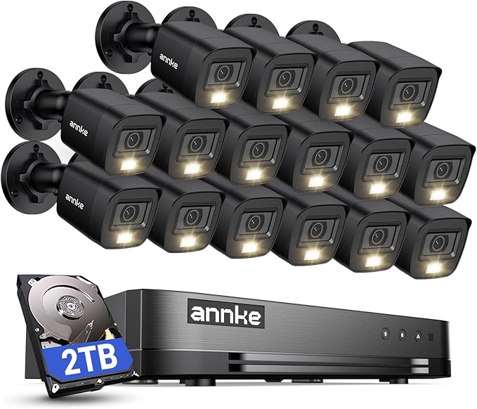 ANNKE 1080P Lite H.265+ 16CH Security Camera System, 5 in 1 Surveillance DVR and 16Pcs 1080 Outdoor Cameras, IP67 Waterproof, 2TB HDD, Smart Dual Light, View Remotely, Motion Detection