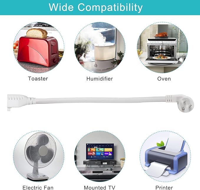 Short Power Extension Cord 1FT - Right Angle Flat Head Extension Cord with 3 Prong White Low Profile Flat Plug 3 Prong Power Cable Single Grounded SJT 16AWG Flexible Power Cord (3 Pack)