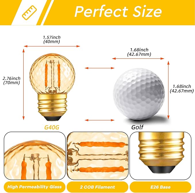 G40 LED Low Watt Light Bulbs Warm Glow E26 Amber 1W 10 Watt Light Bulb,Low Lumen Light Bulb Small Edison Short Decorative Dim Light Bulbs for Lamp,Bedroom,Warm White 2200K 100LM,Non Dimmable,2 PACK