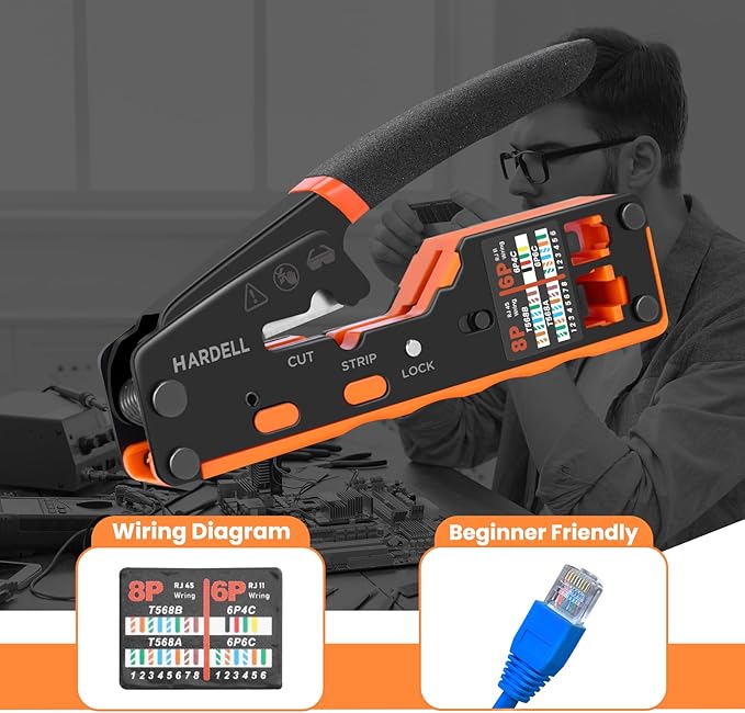 HARDELL RJ45 Crimp Tool, Pass Thru RJ11 Ethernet Crimper for Cat5 Cat6 Connectors, All-in-One 6P 8P Ethernet Crimping Tool Kit With Wiring Diagram, Replacement Blades, Cable Sheath, Tester & Battery
