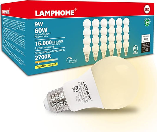24-Pack Soft White LED Bulbs - Ideal for Bedroom & Living Room, 60W Equivalent, 2700K, 9W, 15000-Hour Life, E26 Base