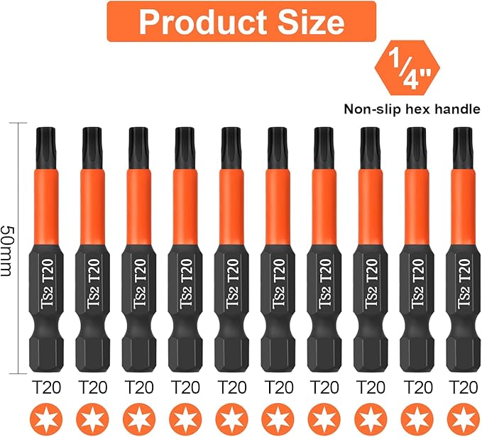 Pro T20 Screwdriver Bit Set - Torx Screwdriver 10 Pieces, 50mm Length, 1/4" Hex Shank Bit Assortment, with Storage Box
