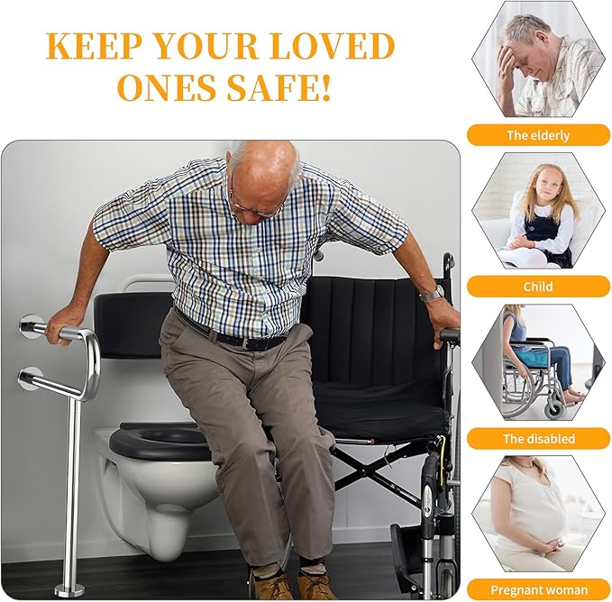 Toilet Grab Bar 31.3 Inch with Leg, YuanDe Chrome Anti-Slip Toilet Handrail, Wall & Floor Mounted Stainless Steel Grab Bar, Knurled Handicap Support Rail for Elderly, Disabled, Pregnant