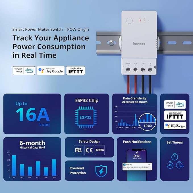 SONOFF POWR316 Origin 16A WiFi Smart Power Meter Switch,Universal DIY Module for Smart Home, Works with Amazon Alexa & Google Home