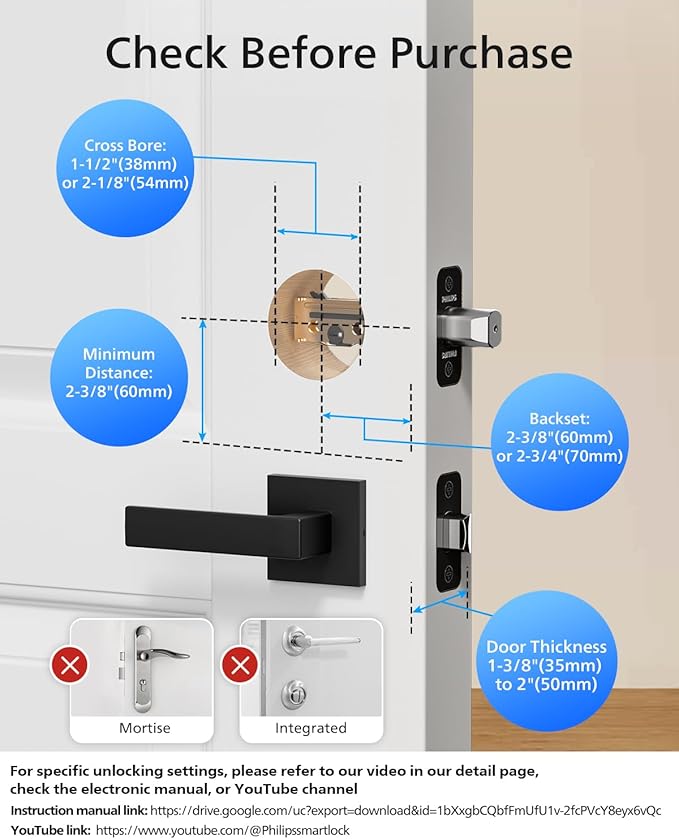 Philips Smart Lock with Handles, Keyless Entry Door Lock Set, Smart Door Lock with 2 Level Handles, Digital Keypad Deadbolt for Front Door, App Fingerprint PIN Code Unlocking, Auto Locking