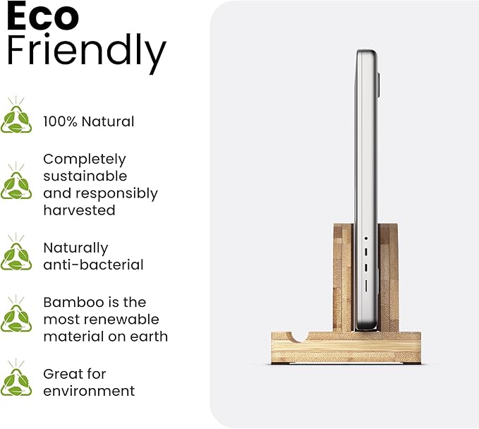 Kothar Premium Wood Vertical Laptop Stand - Adjustable Single Slot Bamboo Holder for MacBook, Dell, HP, and More | Space-Saving Desktop Organizer | Eco-Friendly, Sleek & Durable Design