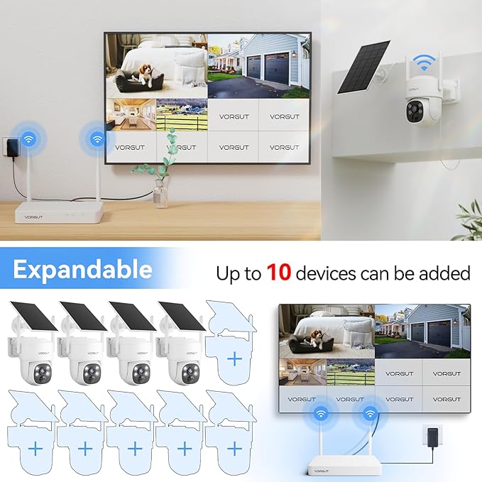 Wireless Solar Security Camera System, 4pcs 2K PTZ Outdoor Solar Powered Cameras, 10CH NVR with 500GB HDD, 360° Pan Tilt, Easy Setup, No Monthly Fee, Human Detection for Home Surveillance Kit