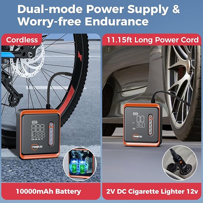 Tire Inflator Portable Air Compressor - 150PSI Fast Inflation Cordless Air Pump with 10000mAh Rechargeable Battery for Car Tires Bike Motorcycle Ball Auto shut-off