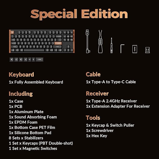 Keychron K8 HE TKL Wireless Bluetooth 2.4G Wired Triple Mode Hot Swappable Hall Effect Keyboard with QMK VIA Aluminum+Wood Frame Rapid Trigger for Mac Windows Linux-Black