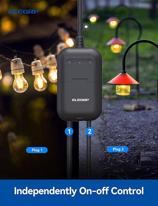 ELEGRP PQR20 Outdoor Smart Plug Waterproof IP66, WiFi Plug with 2 Individually Sockets, Compatible with Alexa & Google Assistant, Smart Outdoor Outlet for String Lights, UL Certified, 2 Pack, Black