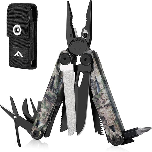 FLISSA Multitool, 15-in-1 Multi Tool Pocket Knife with Sheath, Stainless Steel EDC Multitool Pliers for Men, Camo All-in-One Tools for Camping, Fishing, Survival