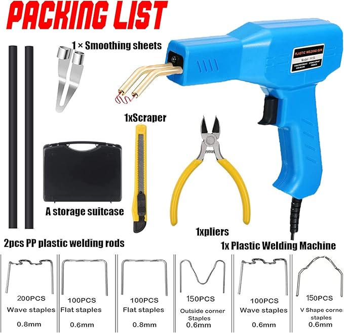Plastic Welder,2 in 1 Plastic Welding Repair Kit with 1000pcs Hot Staples,2pcs Plastics Welding Rods,knife,Plier, Hot Staples Weld Gun Repair Kit for Car Bumper And Most Plastics(blue)