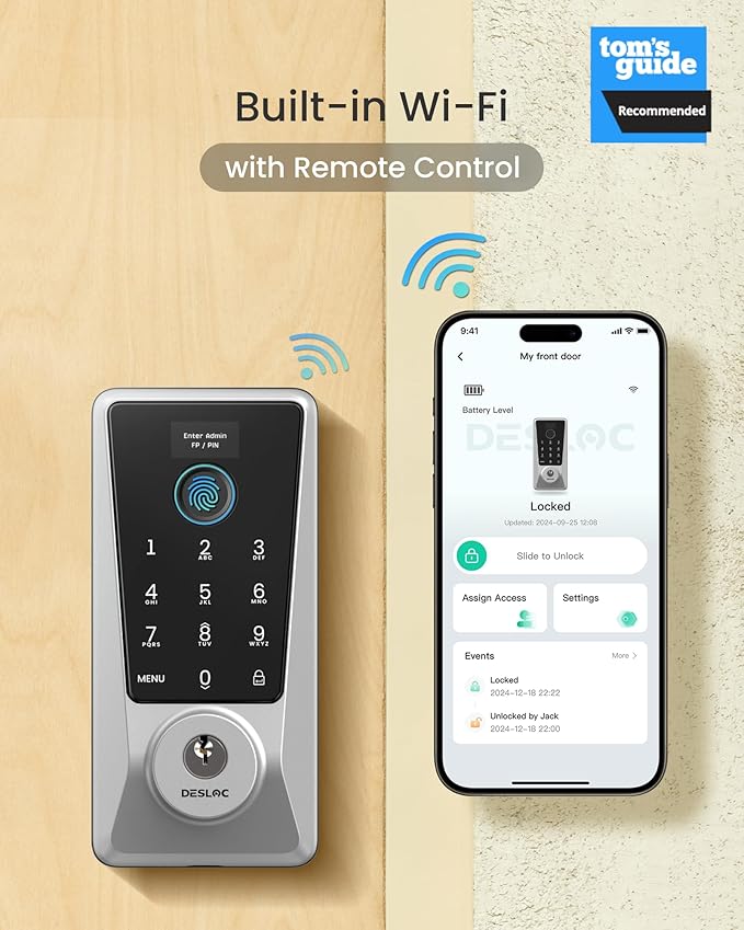 DESLOC Smart Lock D110 Plus, Fingerprint Keyless Entry Door Lock, Built-in Wi-Fi, App Remote Control, Smart Locks for Front Door, Keypad Deadbolt with LockVue Display, IP54, BHMA Grade3, Silver