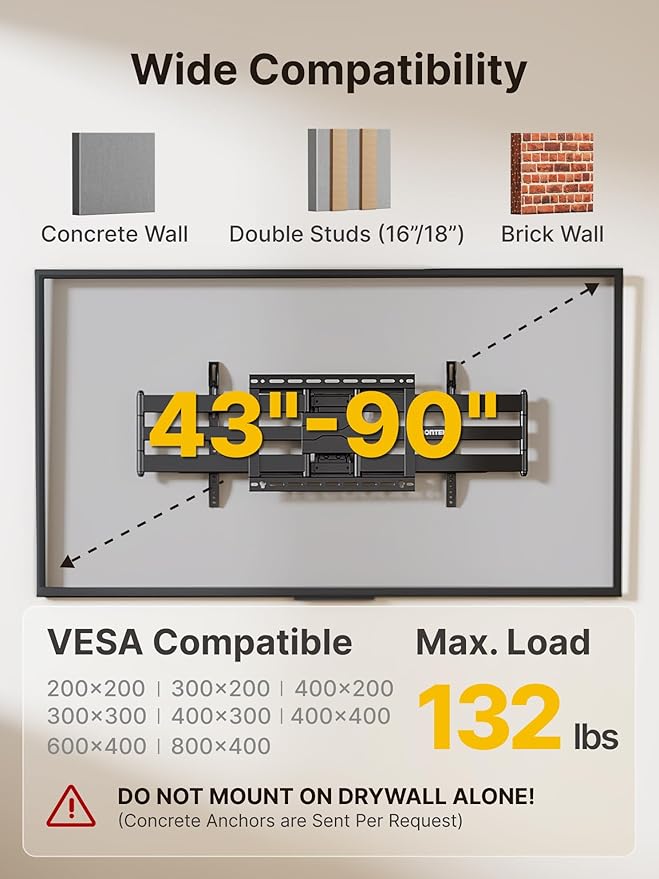 monTEK Long Arm TV Wall Mount for Most 43-90 Inch TVs, 42.5 Inch Long Extension TV Mount Swivel and Tilt, Full Motion Wall Mount Tv Bracket Fit Max VESA 800 x 400mm, Up to 132 lbs, 16”,18” Studs