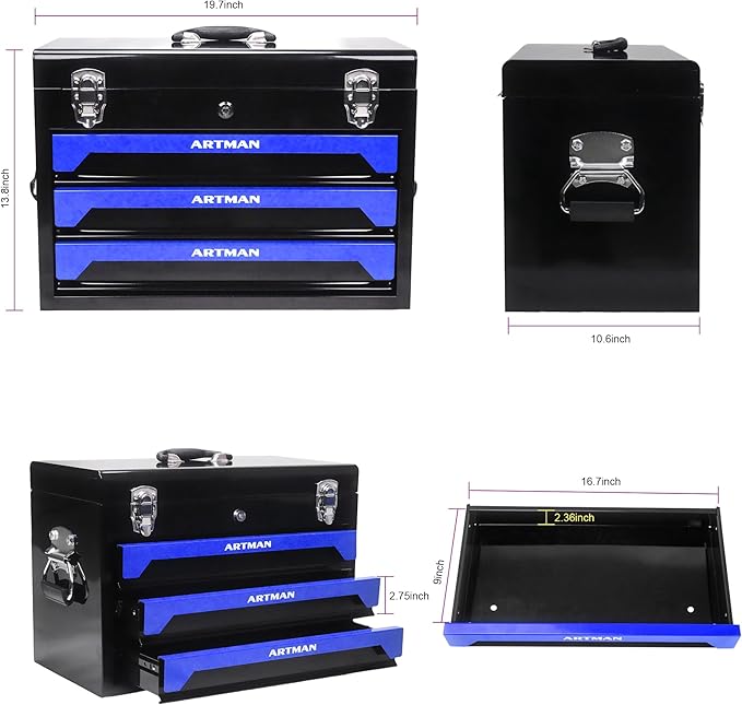 439-Piece Mechanics Tool Set, Household Tool kit with 3-Drawer Heavy Duty Metal Box, Portable Tool Box for Home/Auto Repair - Gift for Men - Blue & Black