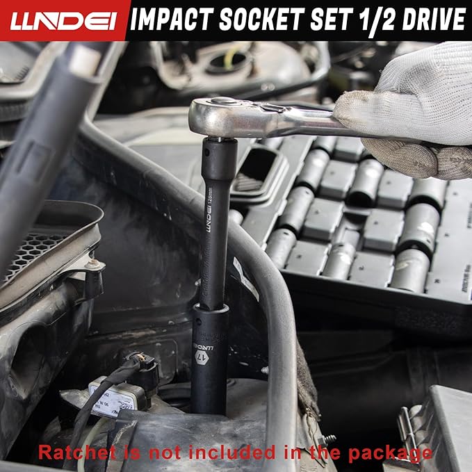 LLNDEI 1/2 inch Drive Deep Impact Socket Set, 37 Piece Standard SAE 3/8" to 1-1/4" | Metric 8 to 24mm, Includes Spark Plug Socket (16, 21mm), CR-MO Universal Joint, Extension Bars and Adapter