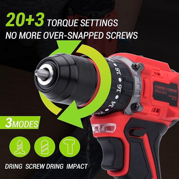 Brushless Drill Set, 21V Cordless with 2 Batteries and Charger, 3/8Inch Keyless All-Metal Chuck, 2 Variable Speeds, 20+3 Power Drill Kit for Screw Wood/Ceramic/Tile/Steel