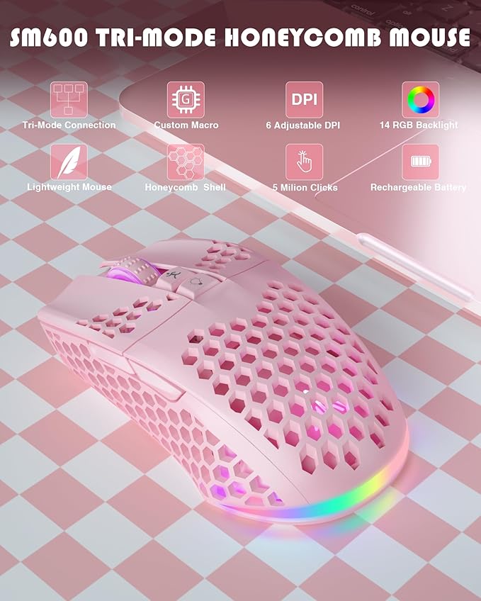 SM600 Pink Wireless Gaming Mouse with Honeycomb Shell, Side Buttons,Tri-Modes(BT5.1+BT5.1+2.4GHz) Lightweight RGB Wireless Mouse for PC/Tablet/Desktop/Office/Games