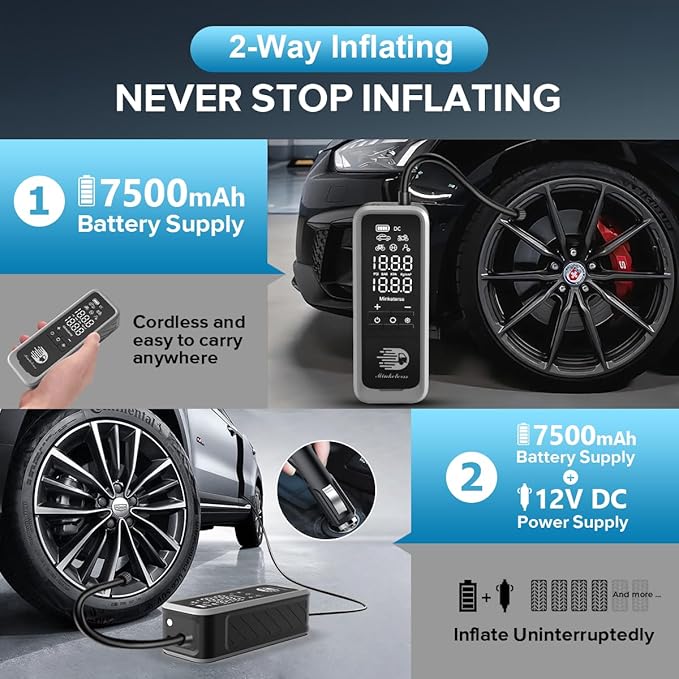 Tire Inflator Portable Air Compressor/Pump for Car Tires w/Digital Tire Pressure Gauge - Air Compressor (160 PSI) - Motorcycle, Electric Bike Pump and Bicycle Pump w/LED Light