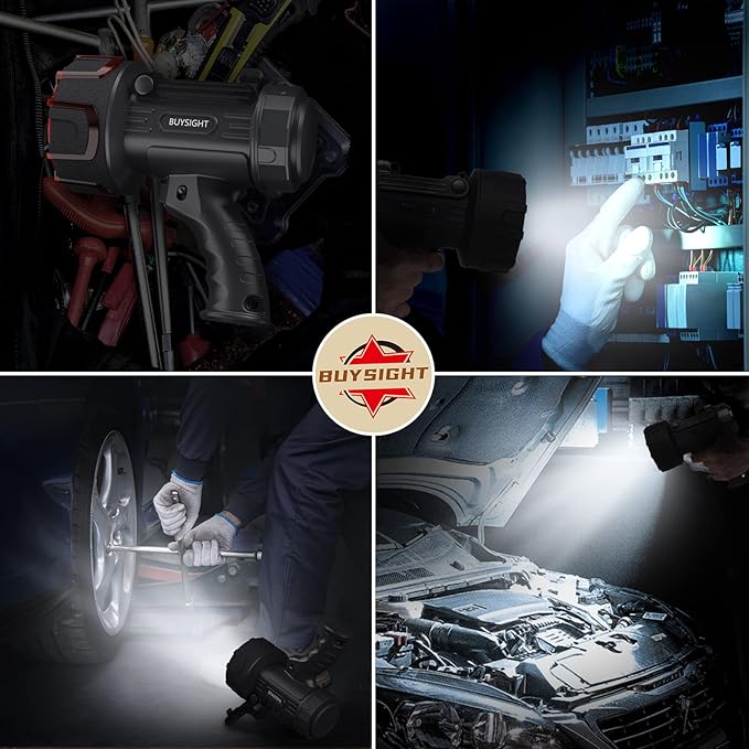 BUYSIGHT Rechargeable Spotlight Flashlight,Super high lumens Hand held Spotlight Waterproof Flashlight Hunting floodlight with red Filter (Graphite Black-COB)