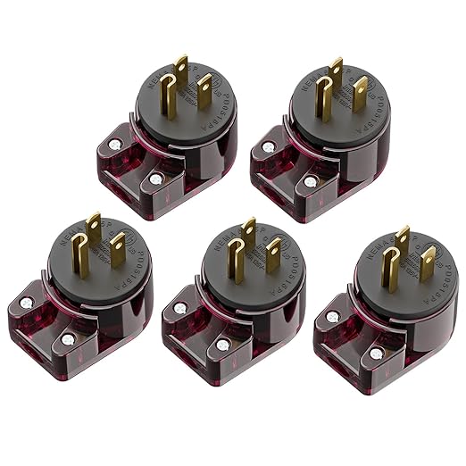 5 Pack Nema 5-15P Plug, 90 Degree Right Angle Plug 15A 125V Angled Plug, Nema 5-15P DIY AC Plug, USA 3-Prong Household Right Angle AC Plug, Red Color ETL Verified