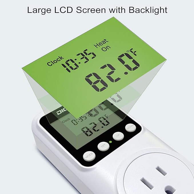 Timer Thermostat, Day-Night Temperature Controller, Clock Function, ℃/℉ Plug-in Outlet Timer Thermostat with LCD Screen Backlight Function 110V 15A