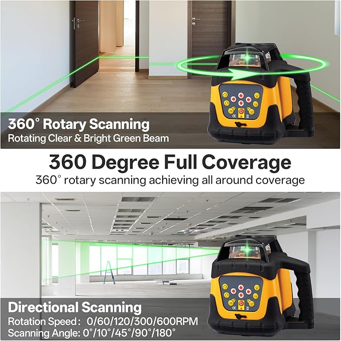 Self-Leveling Green Rotary Laser Level Kit, 2000’ Range, ±0.11"/100ft Accuracy, IP66 Waterproof & Dustproof, Includes Tripod, Grade Rod, Receiver, Detector Holder & Aluminum Carrying Case