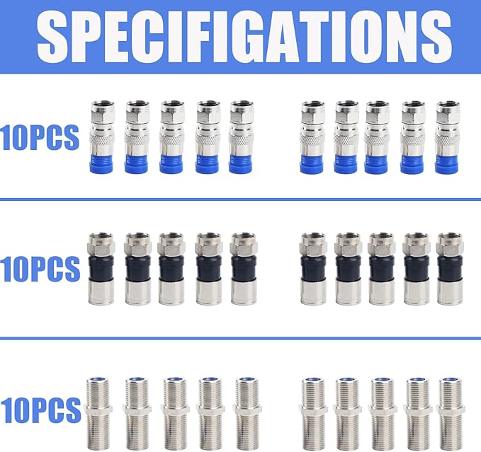 Coax Cable Crimper Kit Coaxial Compression Tool F RG6 RG59 RG11 75-5 75-7 Fitting Wire Coax Stripper 20PCS F Male And 10pcs Female Connectors