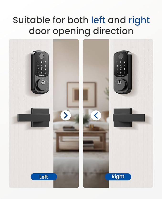 DESLOC B200 Keyless Entry Door Lock with 2 Lever Handles, App Control, Fingerprint Smart Locks for Front Door, Keypad Deadbolt Smart Lock, Deadbolt Lock, Emergency Power Port, 12 Months Battery Black