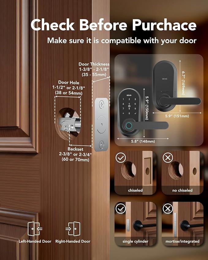 Devo G7 Smart Door Lock with Handle, Keyless Entry Door Lock, Touchscreen Keypad Deadbolt, Fingerprint Door Knob, Built-in-Wi-Fi, APP Remote Control, Auto Lock, Easy Installation