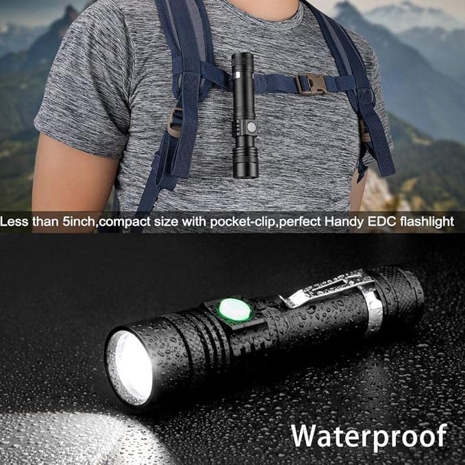 Rechargeable LED Tactical Flashlight, Pocket-Size Small LED Flashlight, 2000lm, Super Bright LED, Zoomable, IPX6 Waterproof Flashlight for Hiking, Camping, Emergency, 4pcs