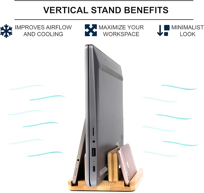 S&A WOODCRAFT 3 Slots Bamboo Wood Vertical Laptop Stand, Adjustable Wooden Laptop Holder, Non-Slip Laptop Dock Compatible with Apple MacBook, Microsoft Surface, Gaming Laptops, IPad, Tablets