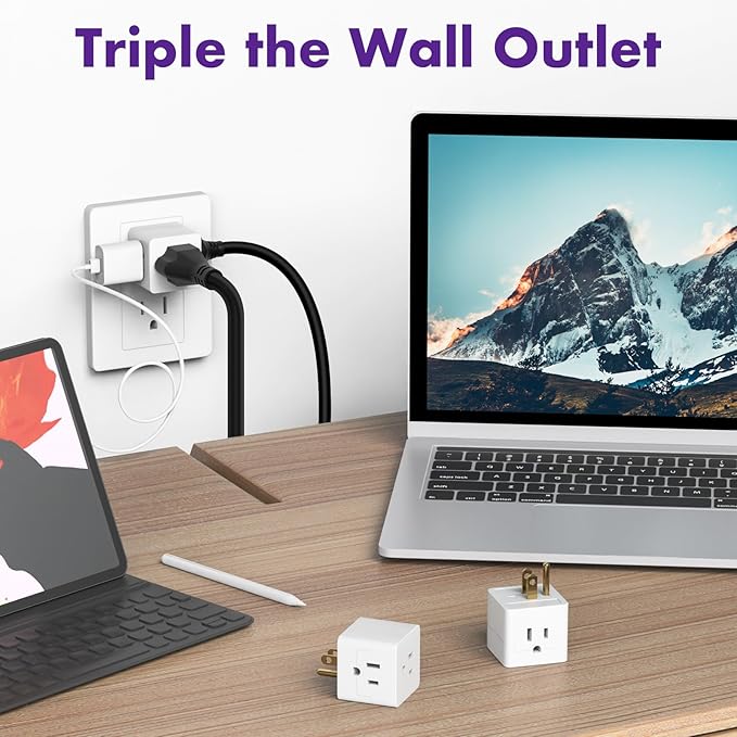 POWERCORDS 3 Power Blocks Outlet Splitter, 3 Pack, Grounded Wall Tap, 3-Prong Plug Adapter AC Multi Plug Wall Outlet, Power Splitter, Cruise Essentials, for Home Office School Dorm, UL Listed, White