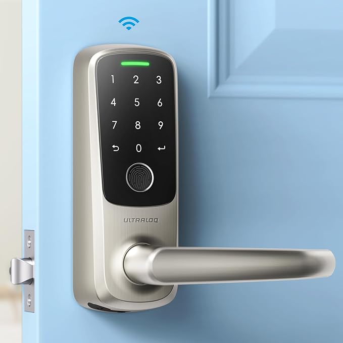 ULTRALOQ Latch 5 Smart Lock, Built- in WiFi 6 Fingerprint Door Handle Lock, Biometric Keyless Entry Door Lever with App, Digital Touchscreen Keypad, Smart Locks for Front Door, App Remote Control