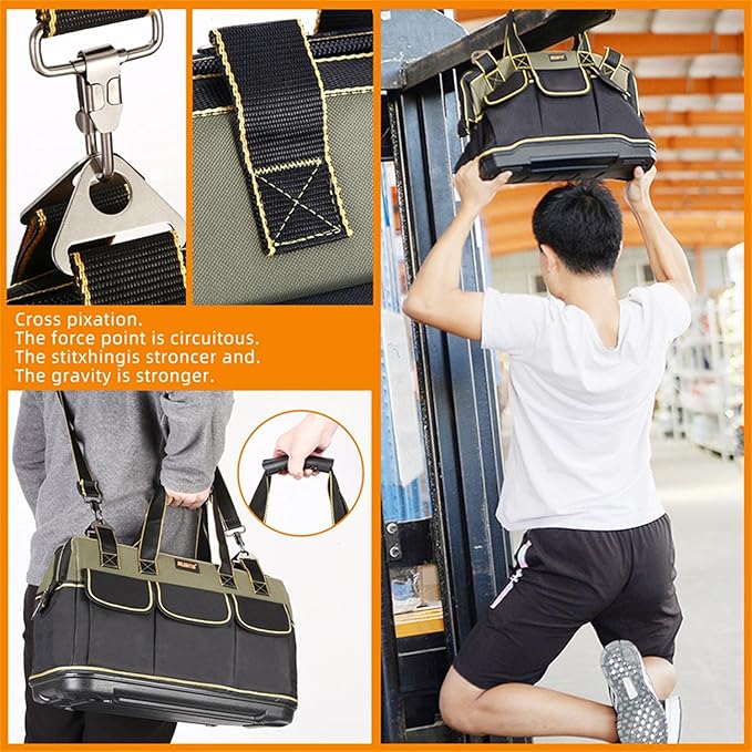 22 Inch Wide Mouth Tool Bag With Water Proof Molded Base Tool Storage Bag Multi-Functional Large Capacity Wearproof, Waterproof Tool Tote Bag (Green 22 Inch)