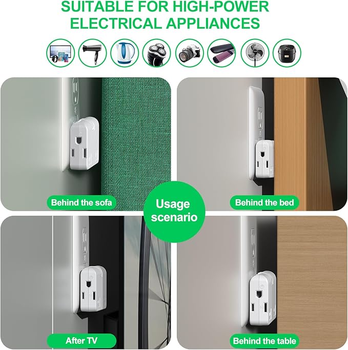 2-Prong/3-Prong Swivel Adapter, Polarized Grounding Converter with Flat Wall Plug, Fireproof 3-Outlet for Home Use (2 Pack)