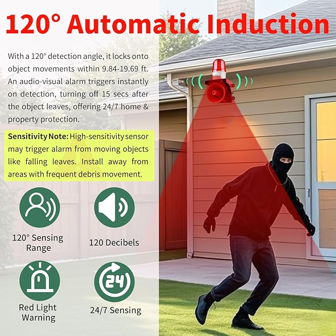 Motion Sensor Alarm with Human Detection,120dB Adjustable Siren & LED Strobe Lights Outdoor Security Alarm for Home Theft,Animal Intrusion,Garden Protection,Property Protection,AC110V with Plug