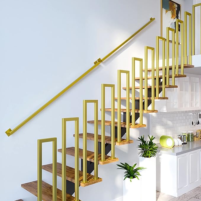 2FT Gold Iron Hand Railing, Sturdy Safety Staircase Handrails Wall Mount, 500lbs Load Capacity Industrial Iron Railing Pipe Handrail for Indoor Stairs Outdoor Deck Loft Porch, Non-Slip and Rust