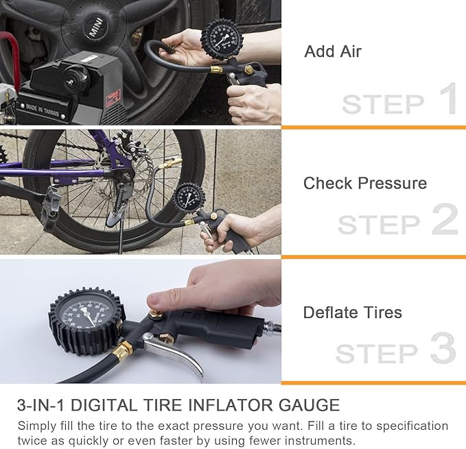 AstroAI Tire Pressure Gauge with Inflator, 100 PSI-ANSI B40.1 Accurate, Large 2.5" Easy Read Glow Dial, Heavy Duty Air Chuck and Compressor Accessories with Rubber Hose and Quick Connect Coupler
