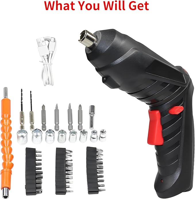 Cordless Electric Screwdriver, 4.2V Rechargeable with 47-Piece Bit Set, 3.5Nm Power, 2-Position Handle, LED Light
