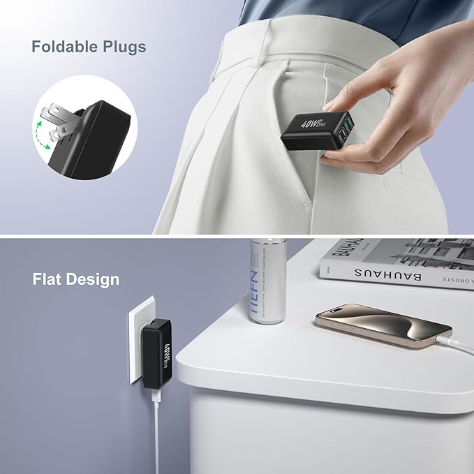 Excgood USB C Charger Block 40W, 4-Port Flat USB Wall Charger Adapter Multiport Dual PD+QC Foldable Slim Fast Charging Plug Compatible for iPhone 16 15 Pro Max 14 13 iPad Watch Galaxy S23,2Pack Black