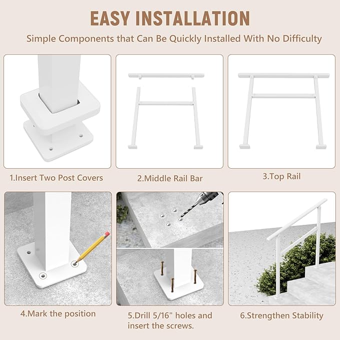 Hand Rails for Outdoor Steps,2-3 Step Railing for Stairs,Adjustable Porch Railing,Hand Rails for Seniors,Outdoor Deck Handrails for Exterior Steps,White