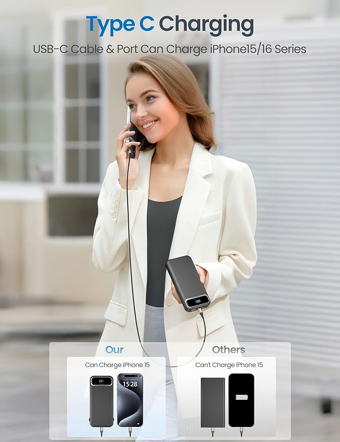 12000mAh Lightweight-Portable-Charger-Power-Bank with Built-in Cables and AC Wall Plug, PD20W USB-C Fast Charging Battery Pack, LED Display External Travel Phone Charger for All iPhone,Samsung,Android