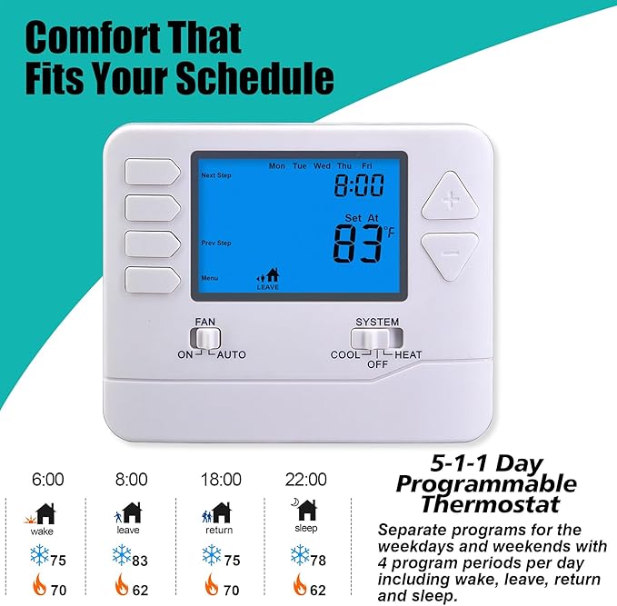 5-1-1 Day Programmable Thermostats for Home 2 Heat/ 2 Cool Conventional Multistage Systems